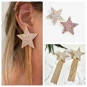 2/$30🌵 Iridescent Rhinestone Shooting Star Earrings Gold Fringe Western Rodeo